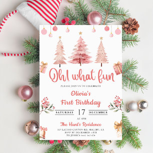Oh What Fun Christmas Pink Winter Tree Birthday Invitation