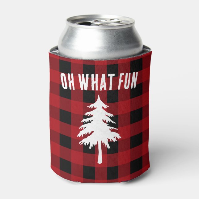 Oh What Fun Christmas Red Black Buffalo Plaid  Can Cooler (Can Front)