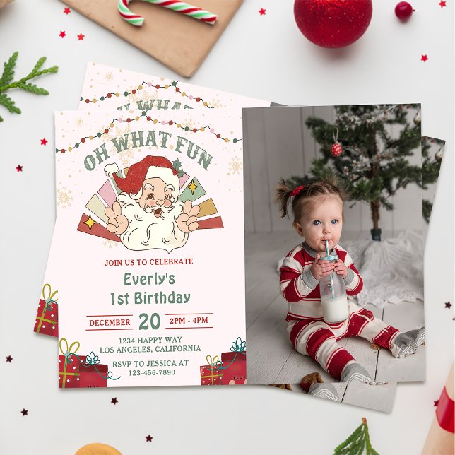 Oh What Fun! Christmas Santa 1st Birthday Photo Invitation (Creator Uploaded)