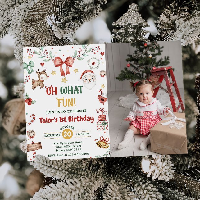 Oh What Fun! Christmas Santa 1st Birthday Photo Invitation (Creator Uploaded)