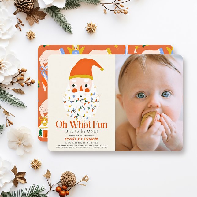 Oh What Fun Christmas Santa 1st Birthday Photo Invitation (Creator Uploaded)