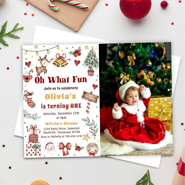 Oh What Fun Christmas Santa Birthday Photo Invitation (Creator Uploaded)