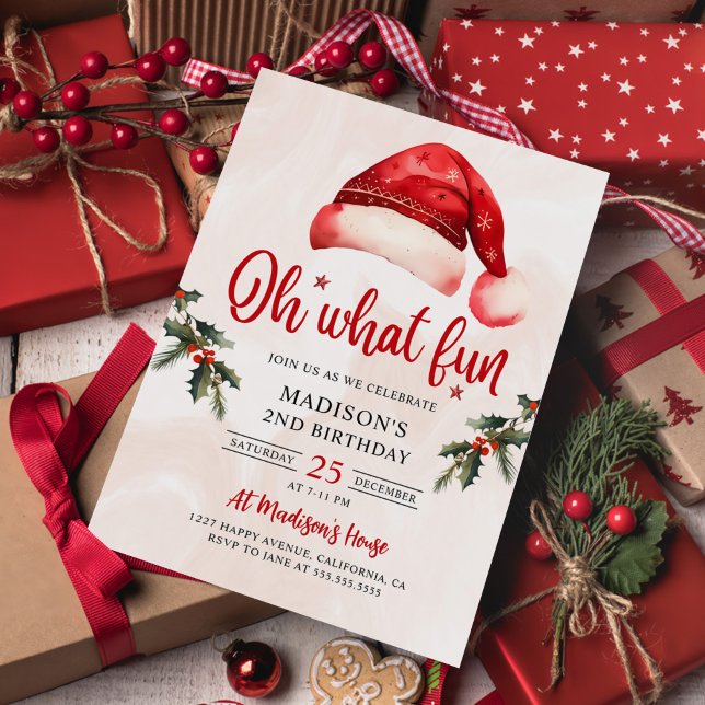Oh What Fun Christmas Santa Hat Birthday Party  Invitation (Creator Uploaded)