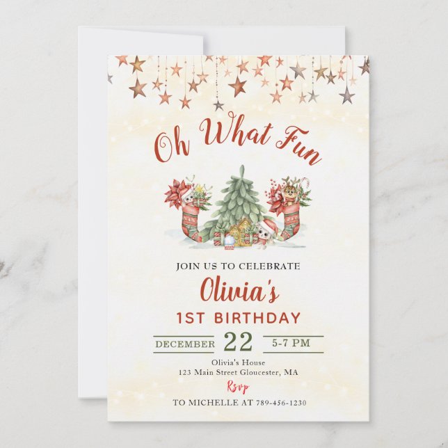 Oh What Fun Christmas Tree Birthday Party  Invitation (Front)