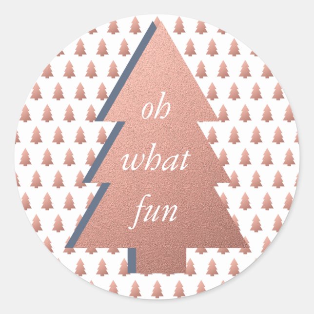 Oh What Fun Christmas Tree Rose Gold Blue White Classic Round Sticker (Front)