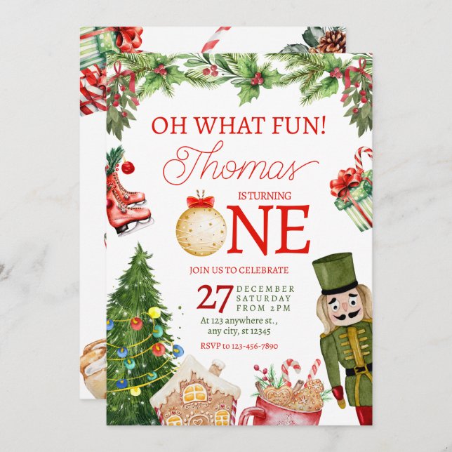 Oh What Fun Christmas Winter First Birthday Invitation (Front/Back)