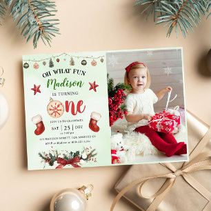 Oh What Fun Christmas Winter First Birthday Party Invitation