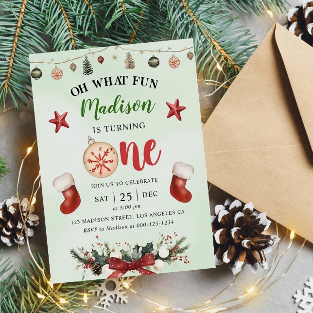 Oh What Fun Christmas Winter First Birthday Party Invitation (Creator Uploaded)