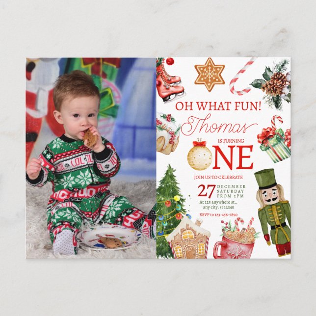 Oh What Fun Christmas Winter First Birthday Postcard (Front)