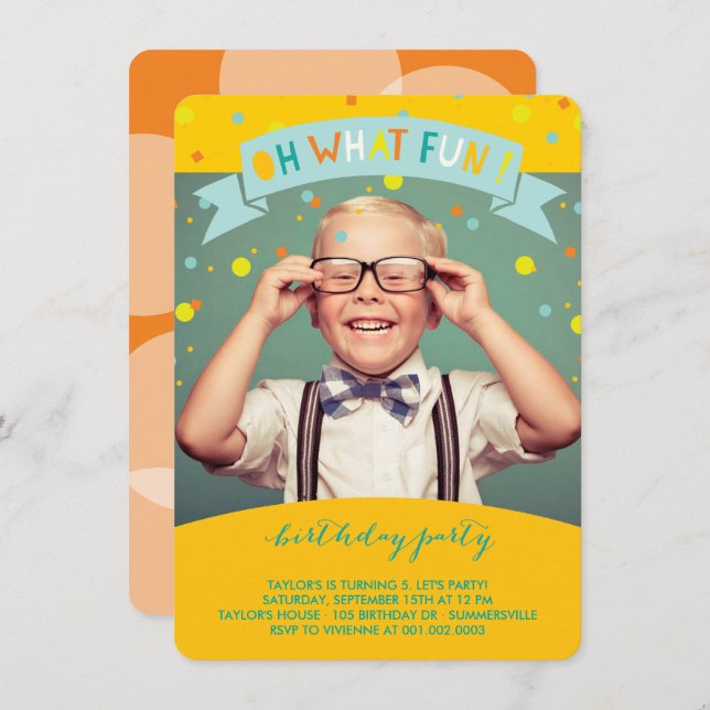 Oh What Fun Confetti Kids Birthday Party Invite (Front/Back)