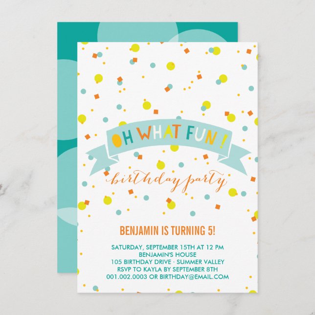 Oh What Fun Confetti Kids Birthday Party Invite (Front/Back)