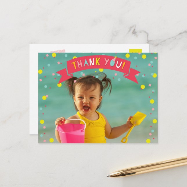 Oh What Fun Confetti Photo Girl Birthday Thank You Postcard (Front/Back In Situ)