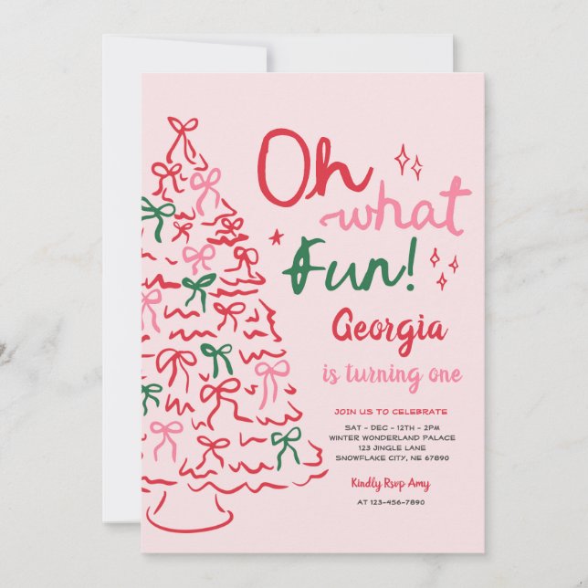 Oh What Fun Coquette Bow Christmas Tree Birthday Invitation (Front)