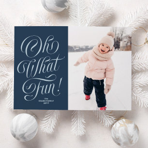Oh what fun cute navy blue Christmas photo Holiday Card
