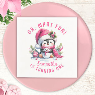 Oh What Fun Cute Penguin Winter Girl 1st Birthday Napkin