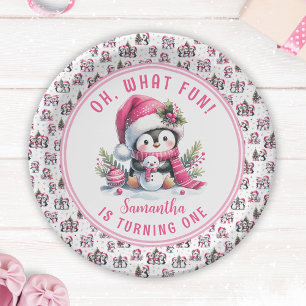 Oh What Fun Cute Penguin Winter Girl 1st Birthday Paper Plate