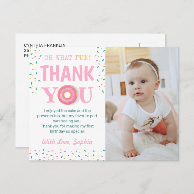 Oh What Fun Doughnut Birthday Party Photo Thank Yo Postcard (Front/Back)