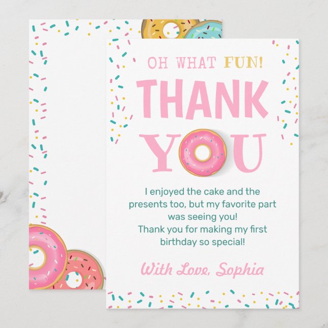 Oh What Fun Doughnut Birthday Party Thank You Card (Front/Back)