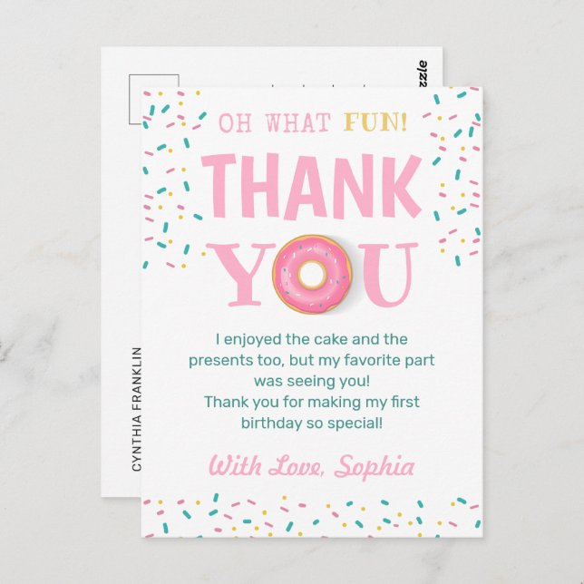 Oh What Fun Doughnut Birthday Party Thank You  Postcard (Front/Back)
