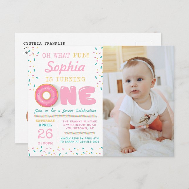 Oh What Fun Doughnut First Birthday Party Photo Postcard (Front/Back)
