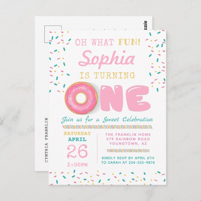 Oh What Fun Doughnut First Birthday Party Postcard (Front/Back)