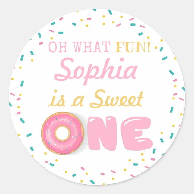Oh What Fun Doughnuts First Birthday Party Classic Round Sticker (Front)