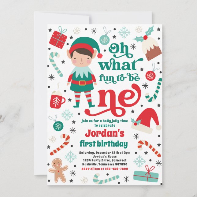 Oh What Fun Elf Christmas 1st Birthday Party Invitation (Front)