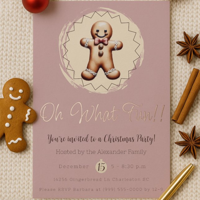 Oh What Fun Gingerbread Man Holiday Party | Pink (Pink Oh What Fun Gingerbread Man Holiday Party Invitation)