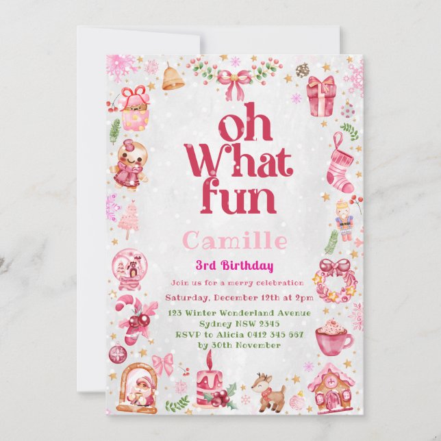 oh what fun girl christmas birthday Invitation. Invitation (Front)