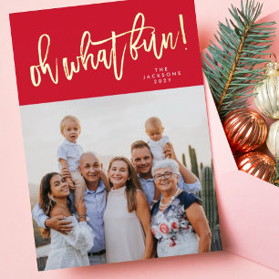 Oh What Fun GOLD Pressed Christmas Red Photo Foil Holiday Card