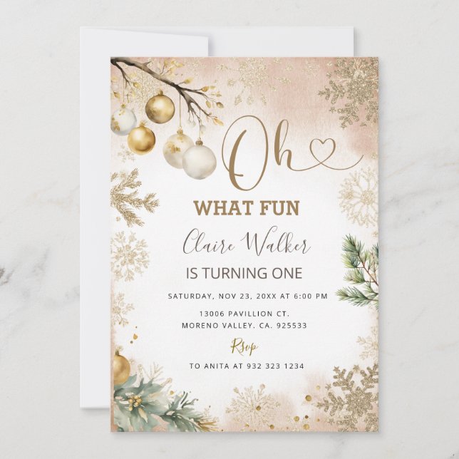 Oh What Fun Gold Snowflakes Christmas 1st Birthday Invitation (Front)