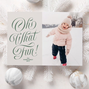 Oh what fun green three photo Christmas Holiday Card