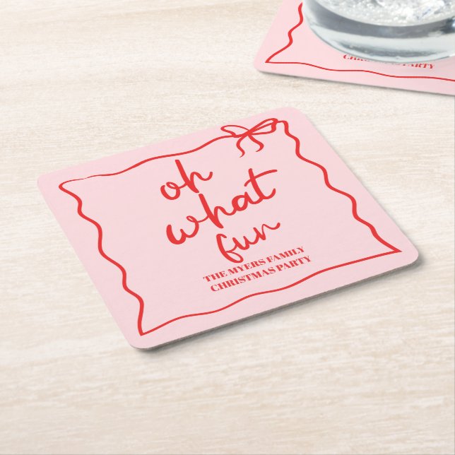 Oh What Fun Hand drawn Christmas Party Square Paper Coaster (Angled)