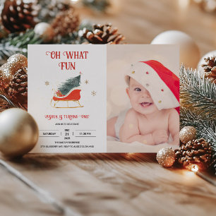 Oh What Fun Holiday 1st Birthday Photo Invitation