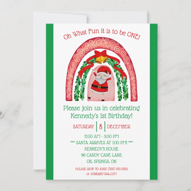 Oh What Fun it is to be One!  Santa First Birthday Invitation (Front)