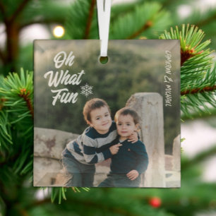 Oh What Fun Kids Photo Christmas Glass Tree Decoration