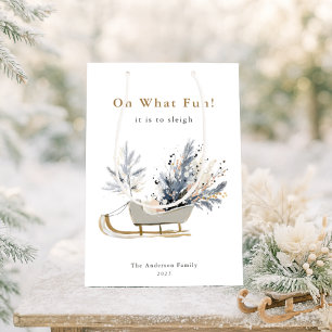 Oh What Fun Modern Winter Sleigh Floral Christmas Medium Gift Bag