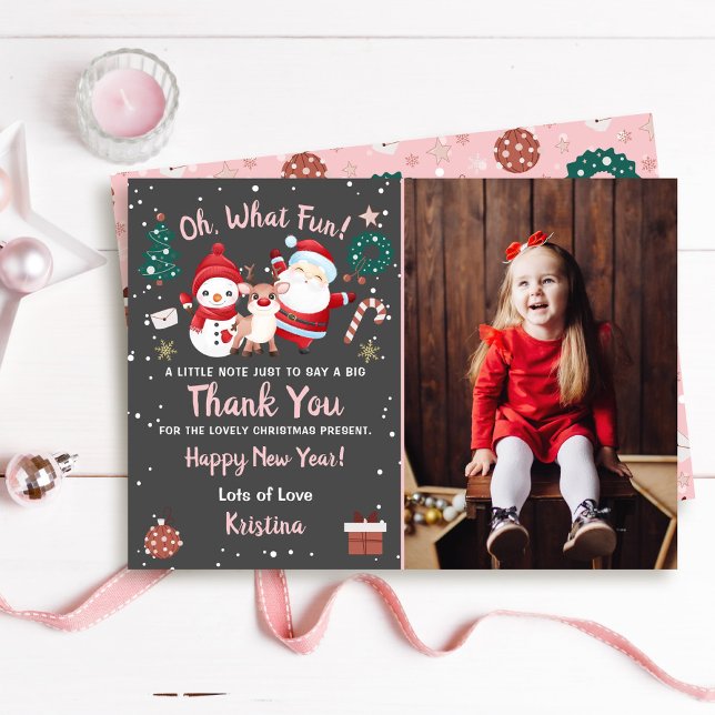 Oh What Fun Pink Black Christmas Party Photo Thank You Card (Creator Uploaded)