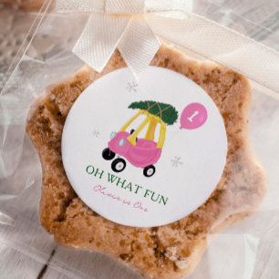Oh What Fun Pink Christmas Car 1st Birthday Party Classic Round Sticker