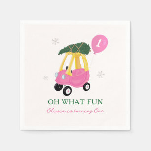 Oh What Fun Pink Christmas Car 1st Birthday Party  Napkin