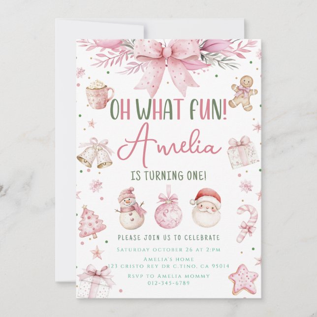 Oh What Fun Pink Christmas Winter First Birthday Invitation (Front)