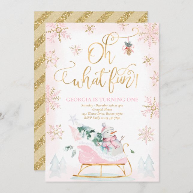 Oh What Fun Pink & Gold Winter Sleigh Birthday Invitation (Front/Back)