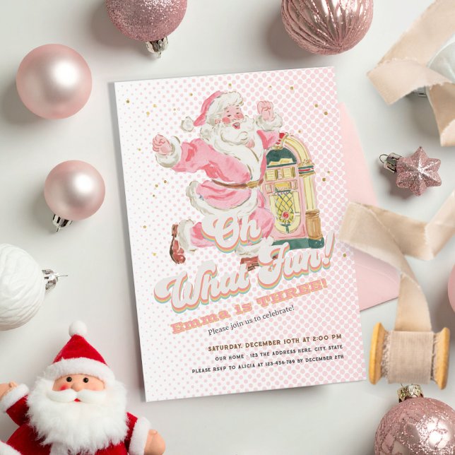 Oh What Fun-Pink Retro Santa Themed Girl Birthday Invitation (Oh what Fun Birthday Invitation, Pink Retro Santa Claus THhemed Girl Birthday Invites)