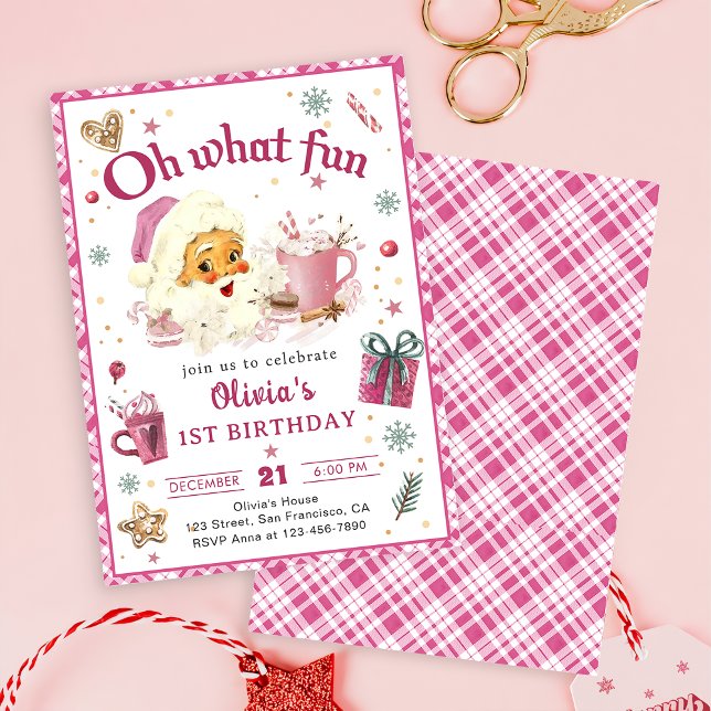 Oh what fun Pink Santa Christmas Cookies Birthday Invitation (Creator Uploaded)