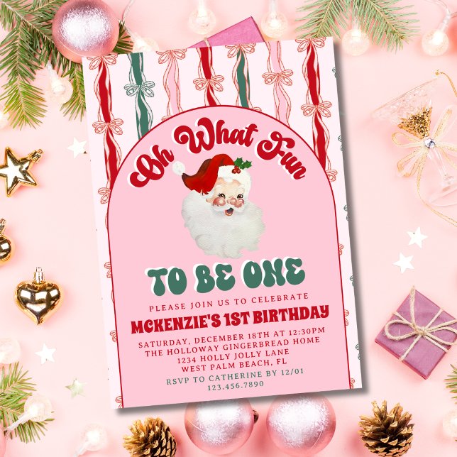 Oh What Fun Pink Santa Christmas First Birthday Invitation (Creator Uploaded)