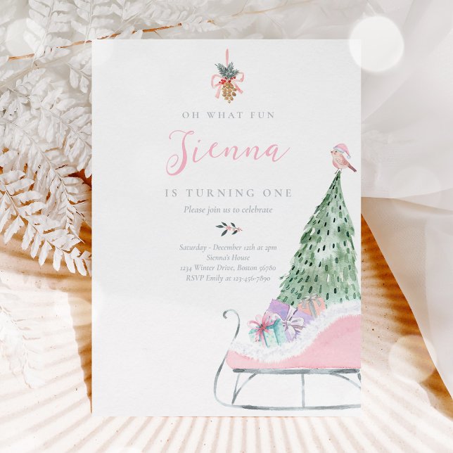 Oh What Fun Pink & Silver Winter Sleigh Birthday Invitation (Creator Uploaded)