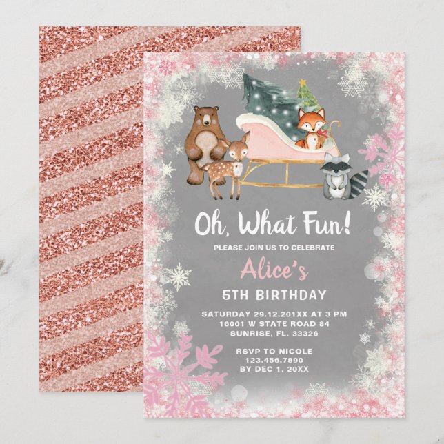 Oh What Fun Pink Sleigh woodland Animal Birthday  Invitation (Front/Back)