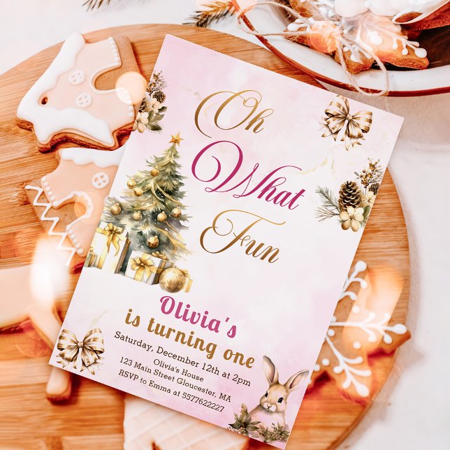 Oh What Fun Pink Winter Christmas Tree Birthday  Invitation (Creator Uploaded)