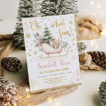 Oh What Fun | Pink Winter Wonderland 1st Birthday  Invitation<br><div class="desc">Delight in the charm of a pastel pink winter sleigh,  lovingly carrying a sage green Christmas tree and heartwarming presents. The attention to detail brings this whimsical scene to life,  evoking memories of first Christmases and the magic of childhood.</div>