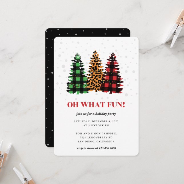 Oh What Fun Plaid Christmas Trees Party Invitation (Front/Back In Situ)